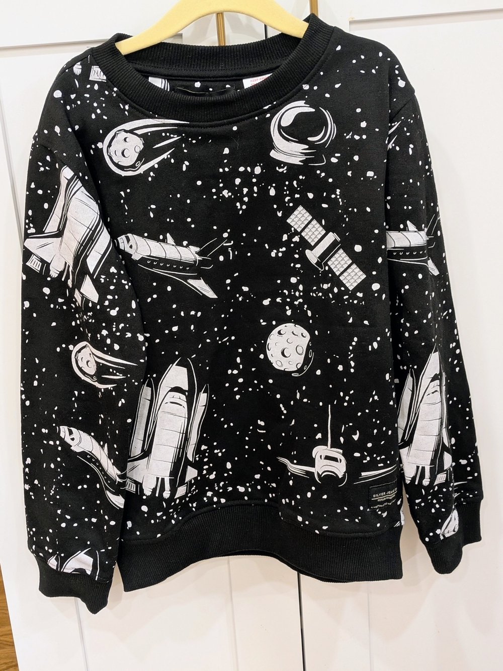 Silver Jeans Black Crewneck Sweater with White Space Print